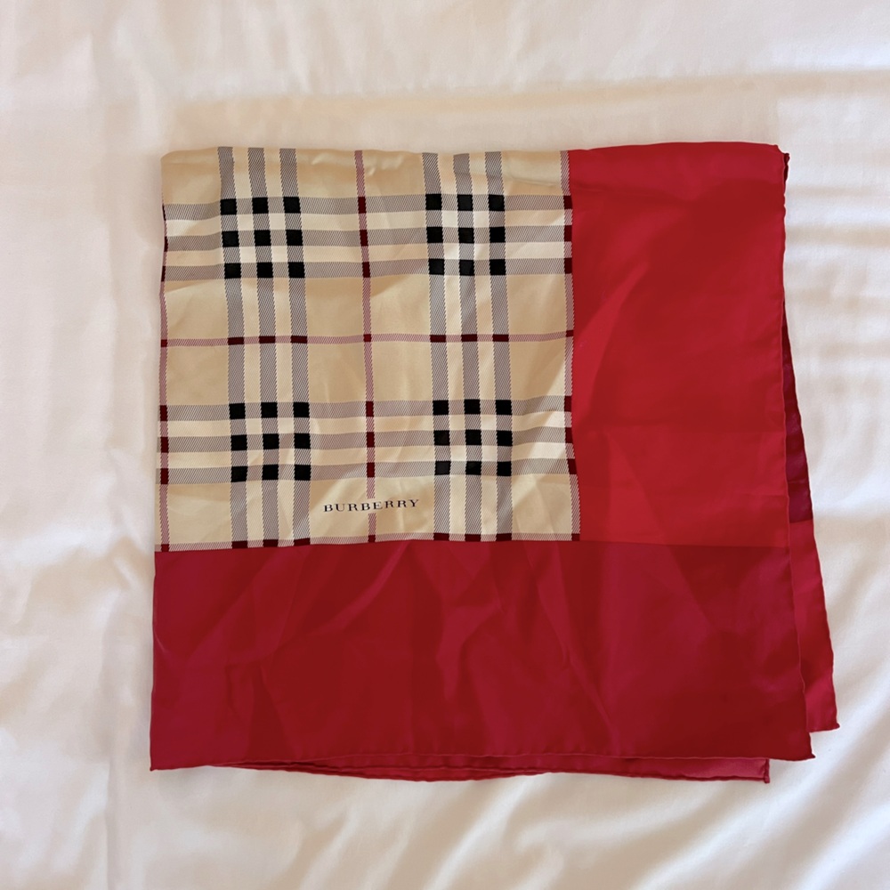 Burberry Red and Beige Checkered 100% silk scarf